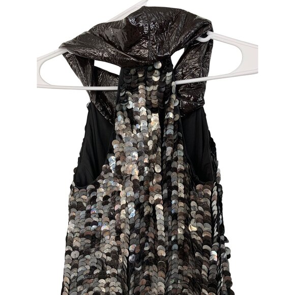 NWT Black Sequin Halter Dress Faux Leather Twist Neck By Poleci Size 0 Silk USA - Picture 7 of 12
